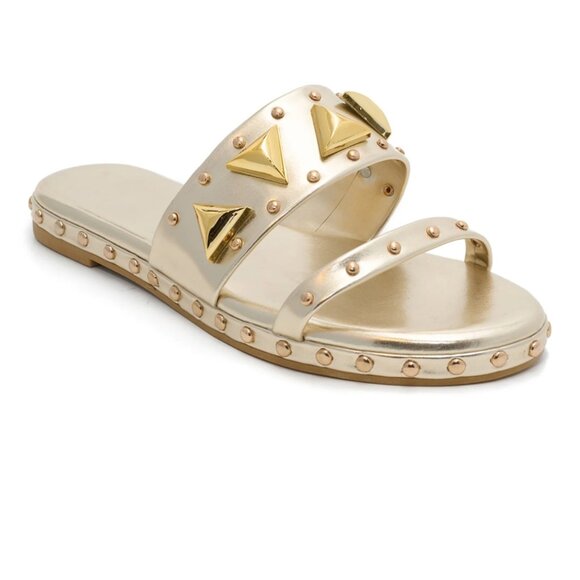 Azelea Wang Rylie Gold Embellished Slip On Vegan Leather Sandal - Picture 1 of 4